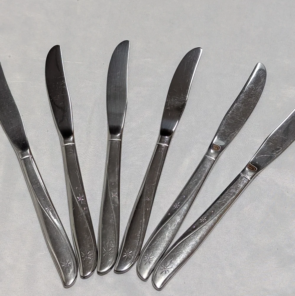 Set Of 6 Oneida Community Twin Star Dinner Knives MCM Atomic Stainless Steel‎